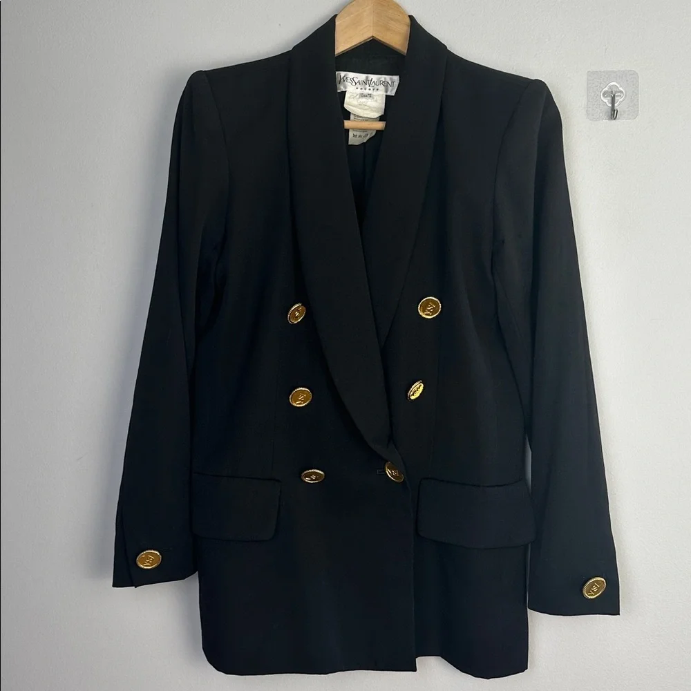 Vintage 80’s Yves Saint Laurent Black Wool Blazer Gold YSL Buttons Size 6 France - Picture 14 of 16